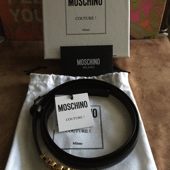 MOSCHINO NWT AUTHENTIC GENUINE BLACK LEATHER & GOLD SIGNATURE BELT main image 7